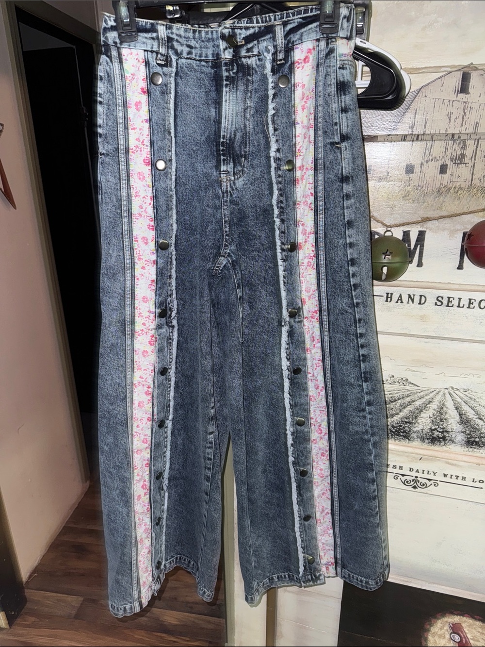 Oli & Hali Black-Gray Wide Leg Jeans with Pink Floral Side Stripes